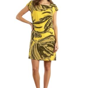 Milly Gold Floral Kayla Foglia Print Cap Sleeve Pullover Silk Shift Dress Sz 10